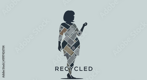 Silhouette of Woman Fashioned from Recycled Materials, Eco-Friendly Concept.