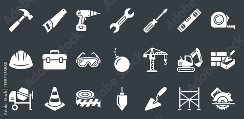 Construction tools and industrial icons set in minimalist flat design for home renovation projects