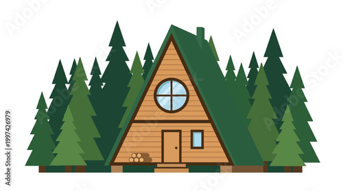 A triangular wooden cabin with a green roof and trees surrounding it in a forest
