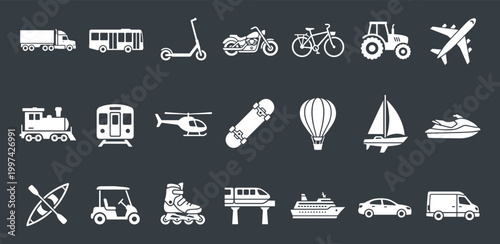 Flat vector transportation icons representing diverse urban mobility and logistics solutions