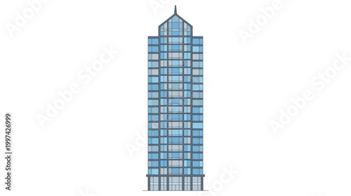 A tall glass office building with blue windows and a pointed roof stands alone on a white background