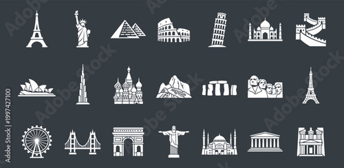 World landmark icons set representing global travel destinations and famous historical monuments