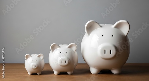 Three white piggy banks of different sizes on a wooden table indoors