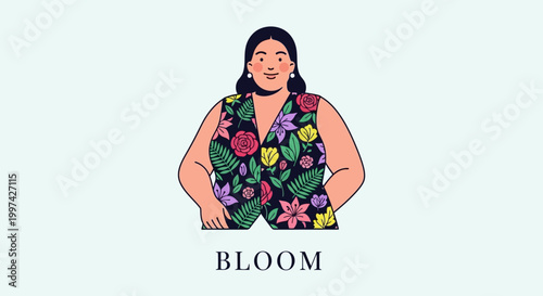 Smiling Woman in Floral Vest - A Colorful Illustration.