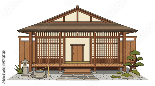 A traditional Japanese house with a wooden porch and a tiled roof surrounded by a serene garden with a stone lantern and a small tree