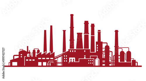 Industrial factory complex with multiple chimneys and pipes against a white background