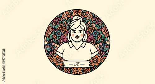 Smiling Woman in a Floral Circle Illustration, Artistic Portrait.