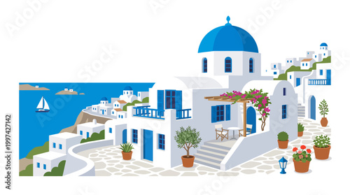 A picturesque Greek village perched on a cliffside overlooking the sea