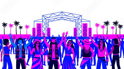 People dancing at an outdoor music festival with a stage and palm trees in the background