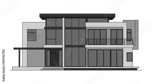 A modern two-story house with a flat roof and large windows is shown in a technical drawing