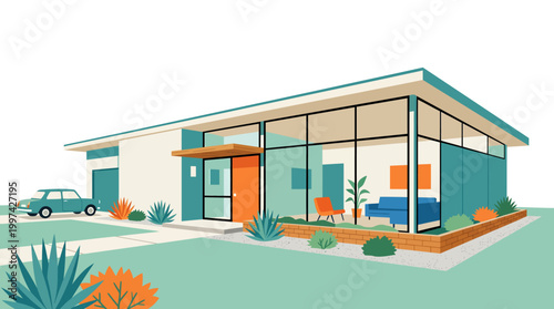 A modern house with large windows and a car parked outside on a suburban street with a well-manicured lawn and plants