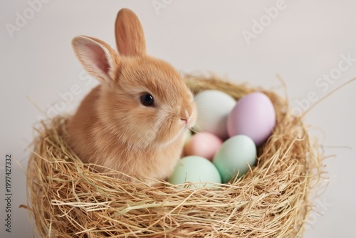 Cute Bunny Sitting in a Nest Filled With Colorful Eggs During Springtime Cele...
