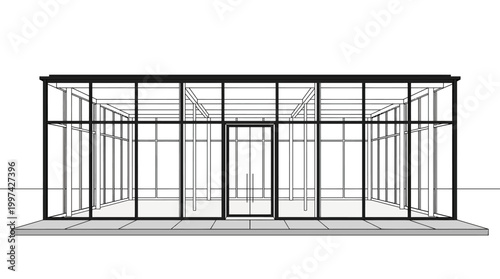 Architectural blueprint of a modern glass building with metal frame