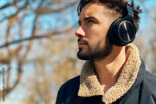 Young Man Listens to Music While Walking in the Park During Late Afternoon in...