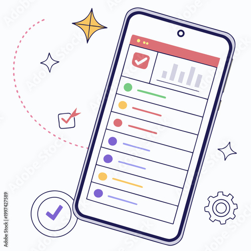 Smartphone with checklist charts gear icons todo list task management user interface app screen flat design mobile device smartphone checklist progress technology analytics performance