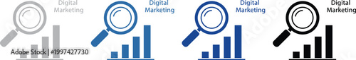 Digital marketing concept with magnifying glass over a bar chart representing data analysis search engine optimization flat design