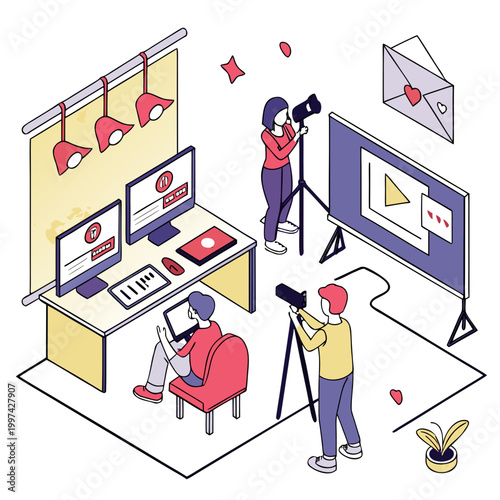 Isometric view of a content creation team filming and editing with video production post production digital media social media online content editing suite teamwork isometric illustration