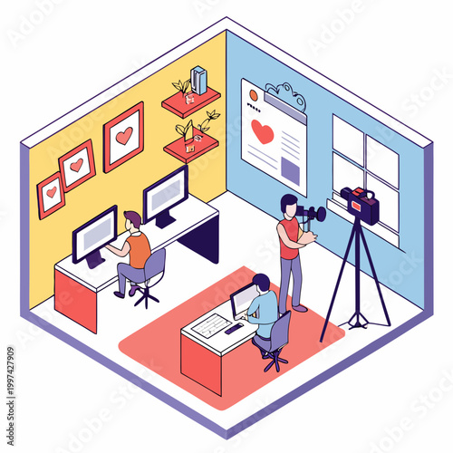 Content creation and production in a modern studio with video production digital media post production editing suite isometric illustration computer workplace collaboration technology