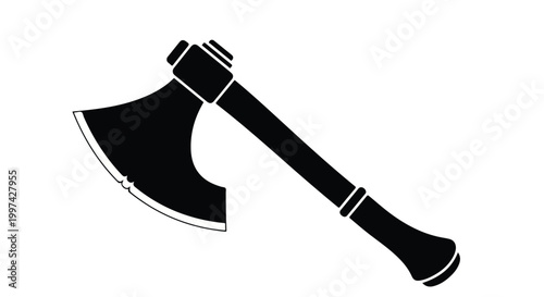 A black silhouette of an axe with a wooden handle on a white background.