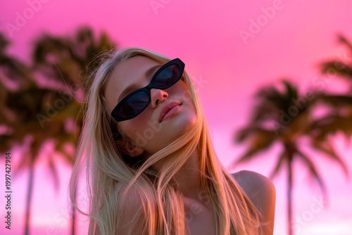 Young Woman Poses Under Pink Sky With Palm Trees in the Background During Sun...