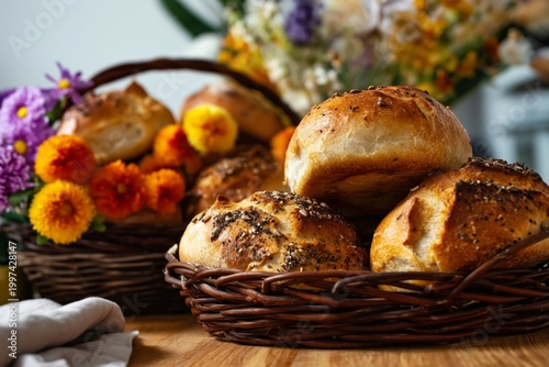 Freshly Baked Bread in a Basket With Flowers on a Table in a Warm Kitchen Set...