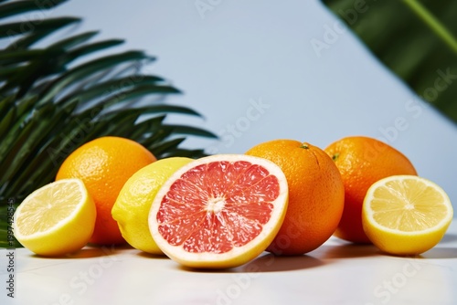 Fresh Fruits Arranged on a Table With Palm Leaves in the Background During Da...