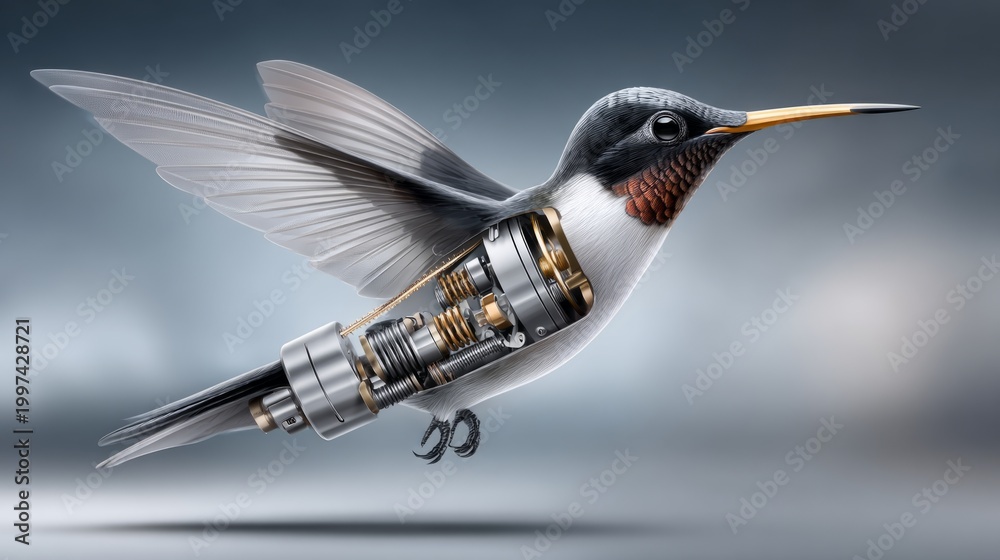 Fototapeta premium Mechanical hummingbird in flight showcases fusion of nature and technology