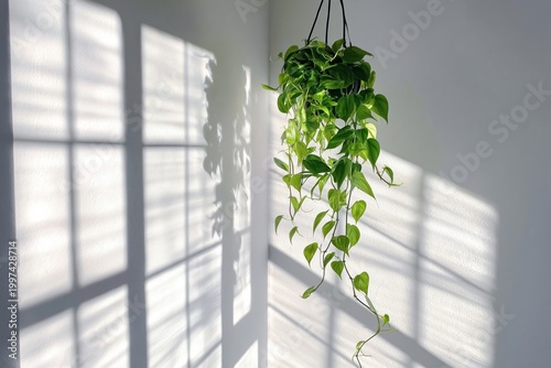 Green Plant Vine Grows Along Wall Near Window With Sunlight Shining in During...