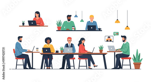 Diverse Team Working on Laptops in Modern Office. Professionals in Collaborative Coworking Environment, Emphasizing Digital Productivity & Online Meetings.