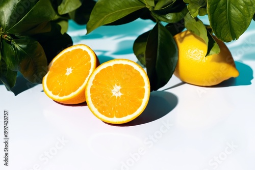 Fresh Oranges and a Lemon on a Bright Surface With Green Leaves Around in Day...