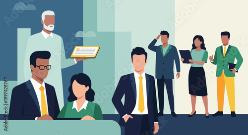 Diverse Business Professionals Team Collaboration in Modern Office Setting - Vector Illustration