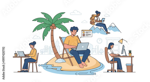 Global Remote Work Lifestyle: People Working Flexibly from Beach, Mountains, and Office