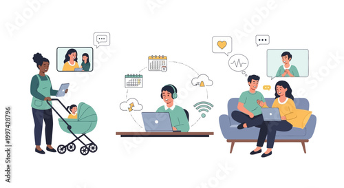 Flexible Remote Work & Digital Connectivity: Illustration of Virtual Meetings, Online Collaboration, and Work-Life Balance