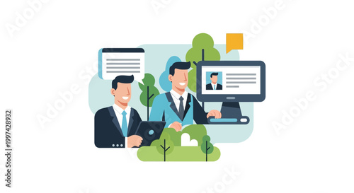 Online Business Collaboration and Digital Profiles: Two Professionals Working Together on Screens in a Modern Green Setting