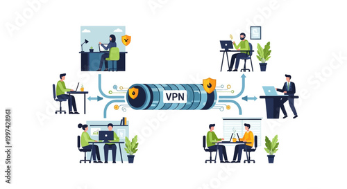 VPN Secure Connection Concept: People Working Remotely with Protected Internet Access and Data Privacy
