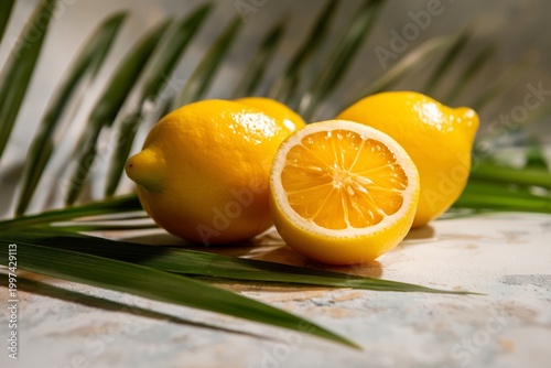 Lemons on a Green Table With Palm Leaves in a Simple Arrangement During Daytime