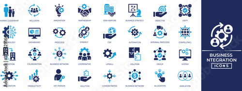 Business integration icon set. Corporate synergy, leadership, collaboration, governance, alliance, network, and partnership solid symbols.