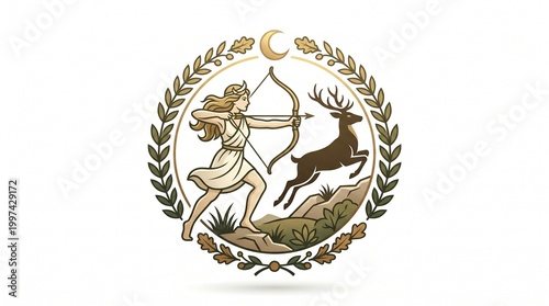 Artemis Hunting Deer Clipart Isolated on White Background
