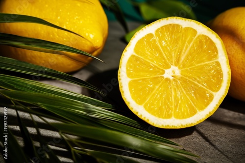Lemons on a Green Table With Palm Leaves in a Simple Arrangement During Daytime