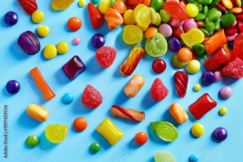 Colorful Candy Spread out on a Blue Background During Daylight in a Casual Se...