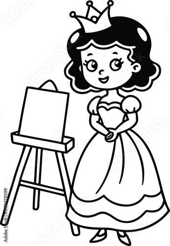 Cute little princess standing next to an empty wooden artist easel for coloring page