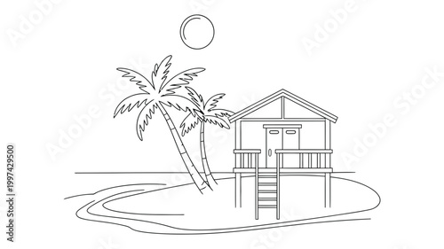 Tropical island hut and palm trees outline drawing with palm tree hand drawn line art bungalow tropical