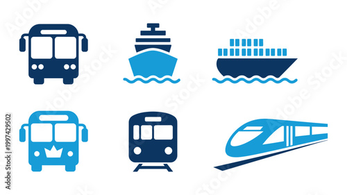 Transportation icons: buses ships container ship trains with cargo ship transport transportation locomotive