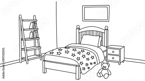 Cozy child's bedroom with a single bed starry bedding a bookshelf nightstand interior dormitory