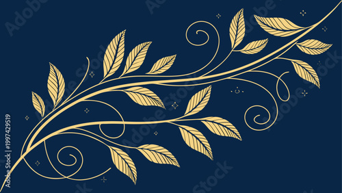 Golden Foliage on Blue: A graceful artistic rendition of golden leaves and curling vines artfully arranged against a rich, dark blue backdrop.