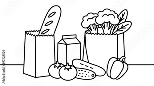 Grocery shopping bags filled with fresh produce bread milk carton shopping broccoli tomatoes cucumber