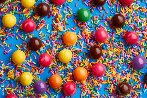 Colorful Candy and Sprinkles on a Bright Blue Surface in a Fun Dessert Scene
