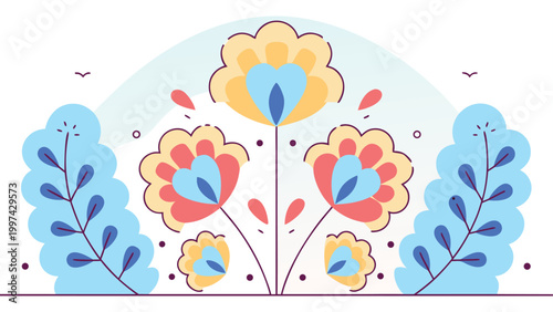 Floral Symphony: An illustration with a stylized floral design, featuring vibrant blooms and delicate leaves, celebrating the beauty and harmony of nature's artistry.