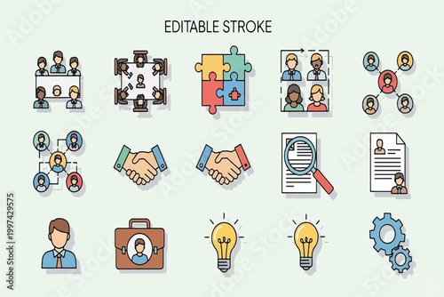 Modern HR and Business Management Line Icons Collection for Recruitment, Teamwork, and Professional Development Concepts