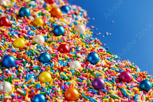 Colorful Sprinkles Scattered on a Blue Surface for Decoration and Fun in Baking